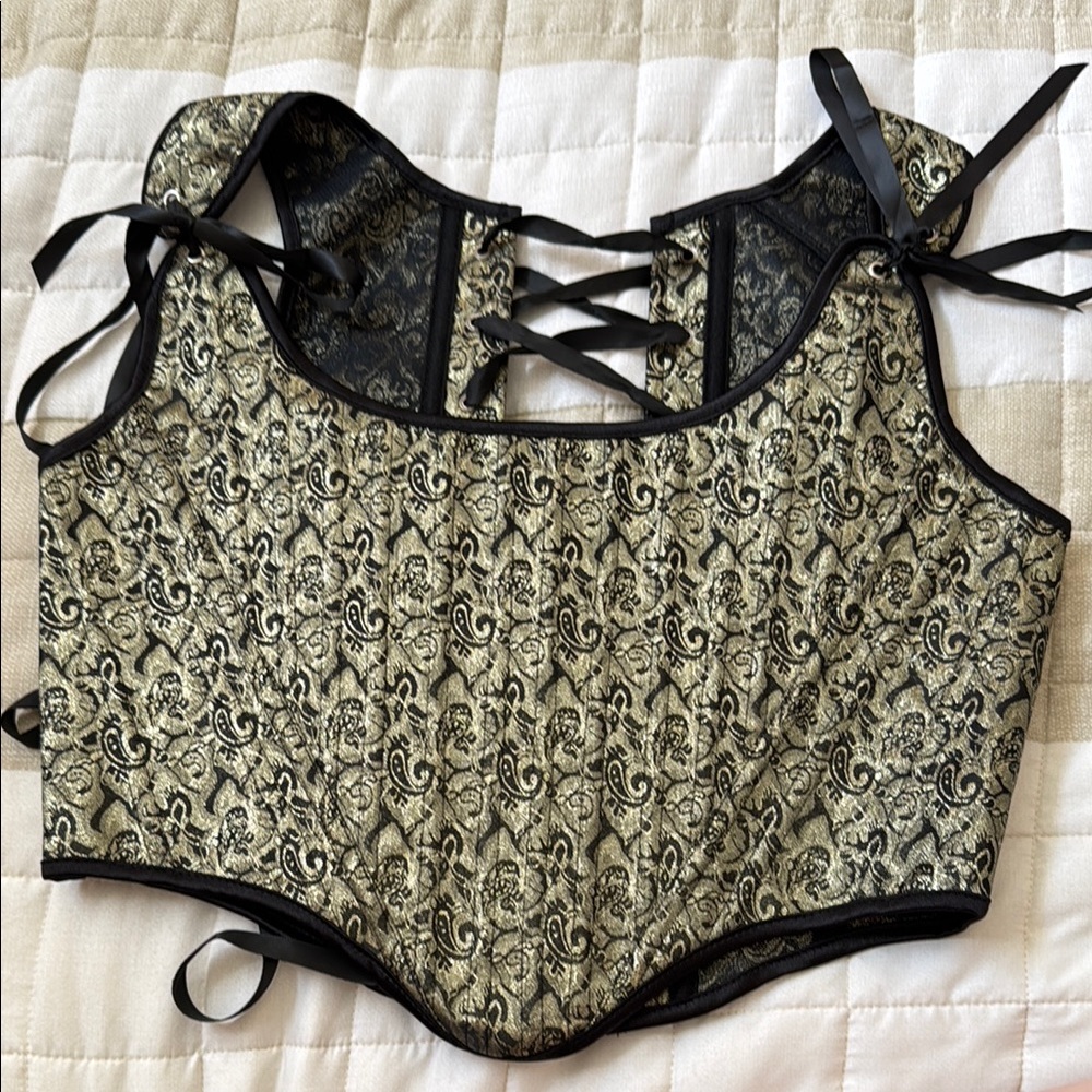 Elegant Black and Gold Brocade Zippered Tie Up Corset Top for Ren faire